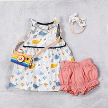 Load image into Gallery viewer, Ocean Whales Shoulder Tie Baby Dress + Bloomer (Organic)
