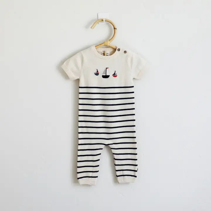 Sailboat Embroidered Knit Short Sleeve Baby Jumpsuit Organic