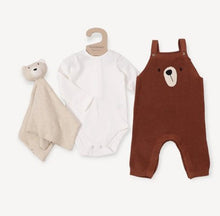 Load image into Gallery viewer, Bear embroidered baby overall knit romper plus body suit set
