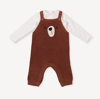 Bear embroidered baby overall knit romper plus body suit set