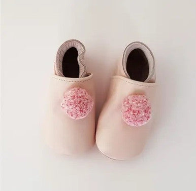 Baby leather slippers-pink pompom