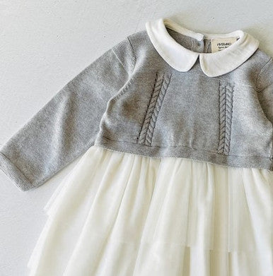 Milan white peter pan 2 tier tutu sweater knit baby dress grey heather