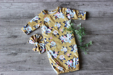 Mustard baby gown and bow headband