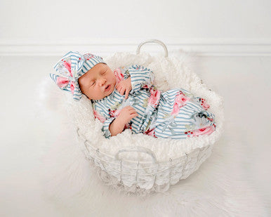 Rose stripe baby gown and bow headband