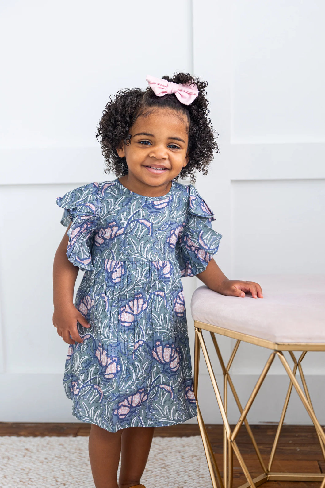 Grey Printed Sleeve Ruffled Gathered Dress 3-6 mos