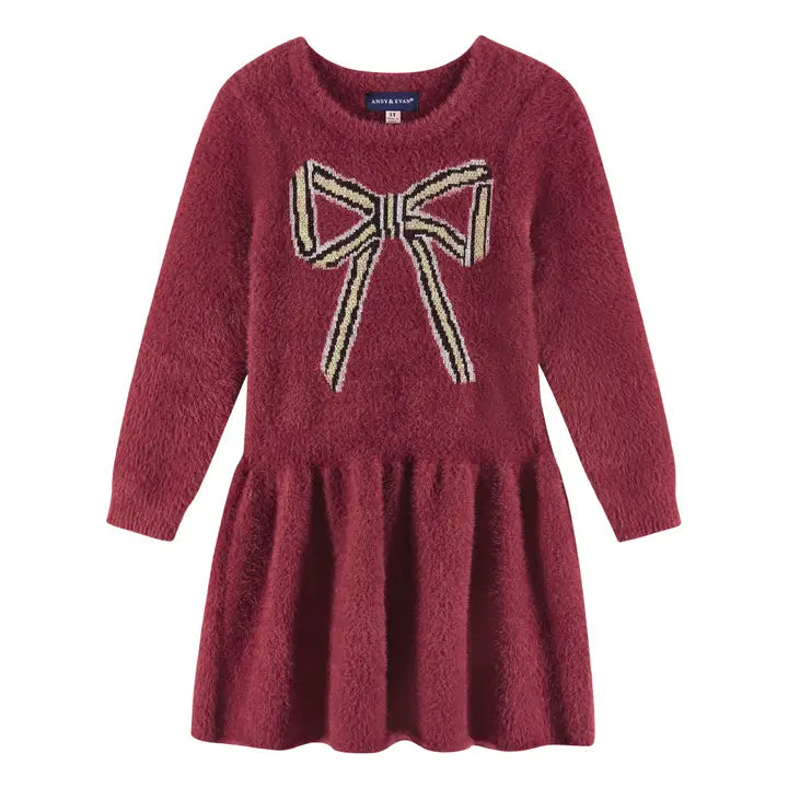 Kids Eyelash Sweater Dress | Red Bow Christmas Holiday