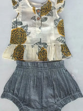 Load image into Gallery viewer, Mustard &amp; Grey Floral Print Sleeve Ruffled Top &amp; Black Chambray : Infant : Baby
