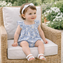 Load image into Gallery viewer, Baby Girl Blue Floral Bubble Romper – Cotton Linen Sunsuit
