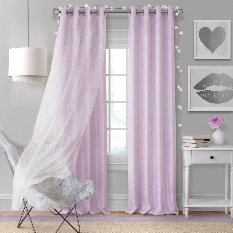 Aurora Kids Blackout Sheer Sparkle Overlay Curtain Panel (Lavender)