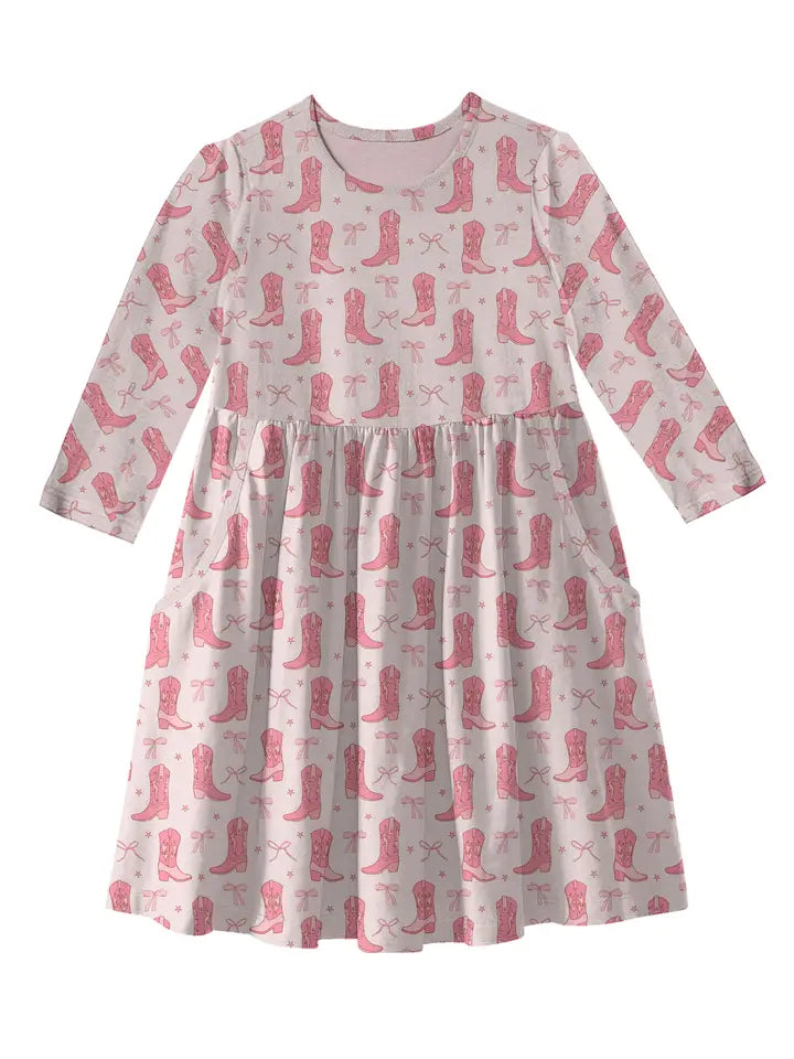 Cowgirl Boots & Bows - 3/4 Sleeve Pocket Dress