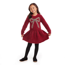 Load image into Gallery viewer, Kids Eyelash Sweater Dress | Red Bow Christmas Holiday
