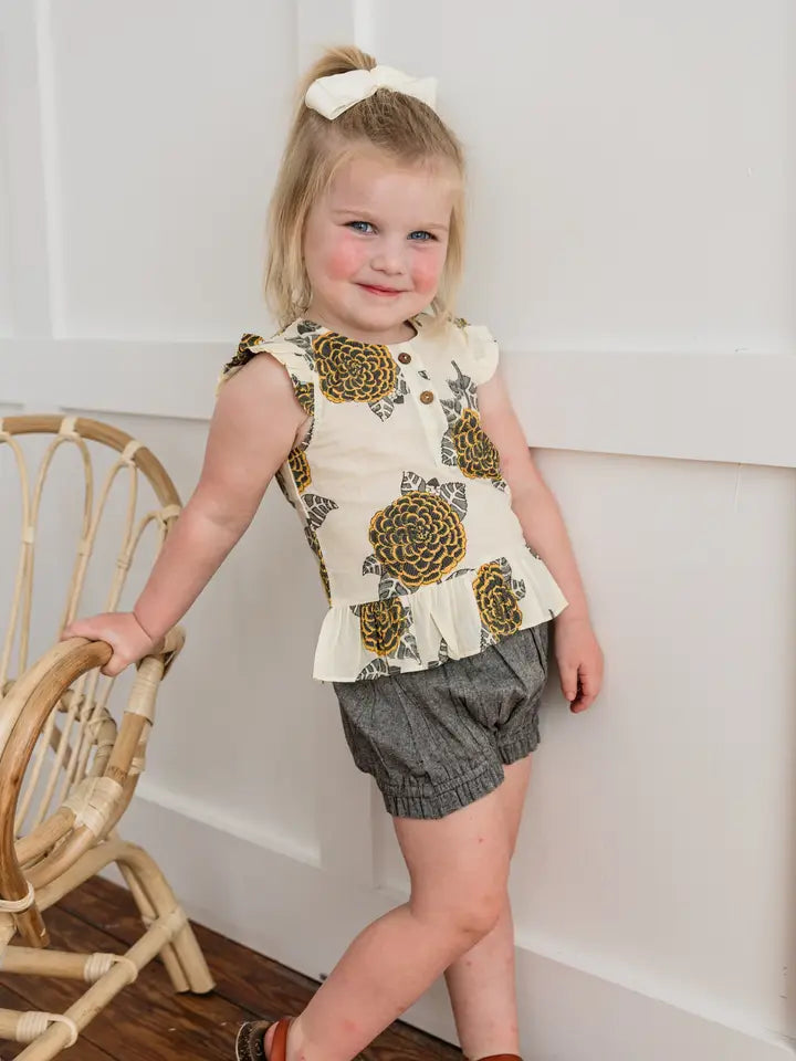 Mustard & Grey Floral Print Sleeve Ruffled Top & Black Chambray : Infant : Baby