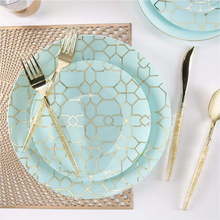 Load image into Gallery viewer, Round Mint • Gold Pattern Plastic Plates | 10 Pack

