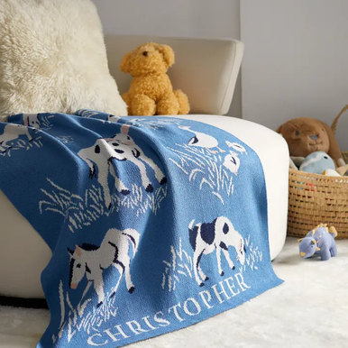 Baby Farm Personalized Blanket (Mid Blue/White/Light Pink/Navy Blue)