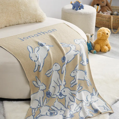 Baby Rabbits Personalized Blanket (Flax/Light Blue/Pacific/White)