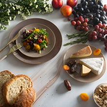 Load image into Gallery viewer, Round Taupe • Gold Plastic Plates | 10 Pack
