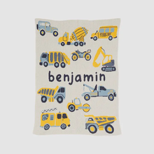 Load image into Gallery viewer, Baby Trucks Personalized Blanket (Cream/Light Blue/Mango/Navy Jeans)
