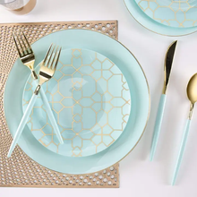 Load image into Gallery viewer, Round Mint • Gold Pattern Plastic Plates | 10 Pack
