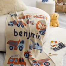 Load image into Gallery viewer, Baby Trucks Personalized Blanket (Flax/Light Blue/Copper/Navy Jeans)
