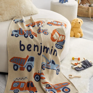 Baby Trucks Personalized Blanket (Flax/Light Blue/Copper/Navy Jeans)