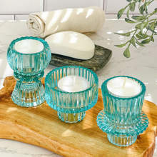 Load image into Gallery viewer, Vintage Ribbed Blue Glass Candle/Candlestick Holders Set of 6 - Assorted
