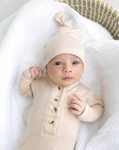 Newborn Knotted Baby Gown HEADBAND & HAT Set - Sand