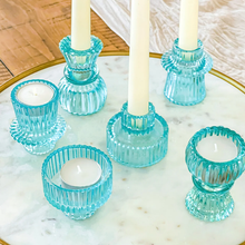 Load image into Gallery viewer, Vintage Ribbed Blue Glass Candle/Candlestick Holders Set of 6 - Assorted
