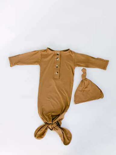 Newborn Knotted Baby Gown HEADBAND & HAT Set -  Camel Brown