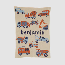 Load image into Gallery viewer, Baby Trucks Personalized Blanket (Flax/Light Blue/Copper/Navy Jeans)
