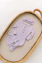 Load image into Gallery viewer, Newborn Knotted Baby Gown HEADBAND &amp; HAT Set - Lavender
