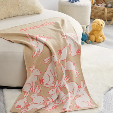 Baby Rabbits Personalized Blanket (Flax/Light Pink/Coral/White)