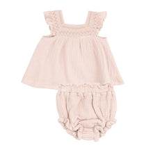Load image into Gallery viewer, Solid Muslin Rose Smoke Pinafore With Crochet Heart Lace And High Waisted
