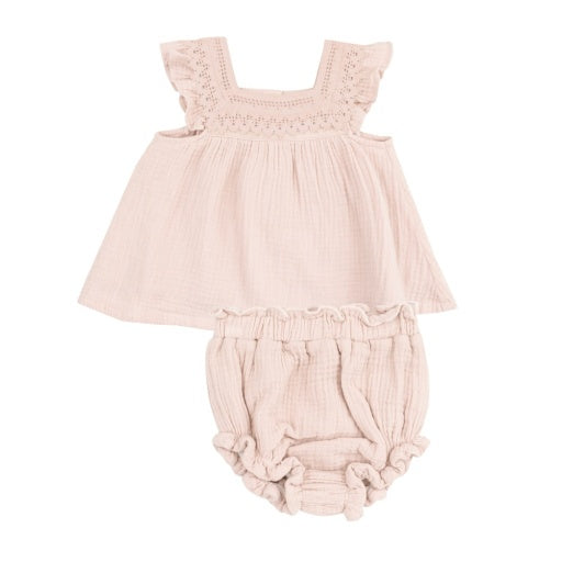 Solid Muslin Rose Smoke Pinafore With Crochet Heart Lace And High Waisted
