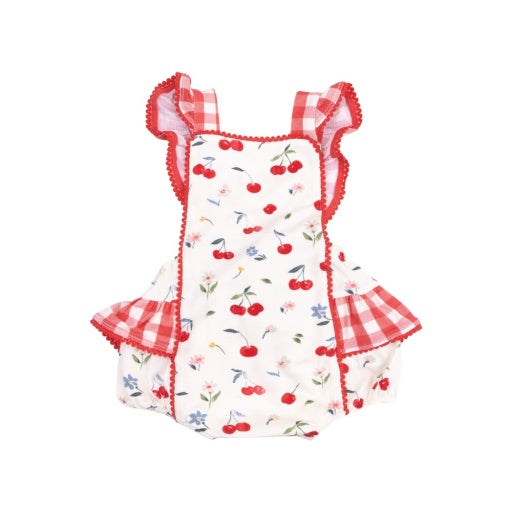 Watercolor Cherries +   Gingham Ric-Rac Ruffle Sunsuit