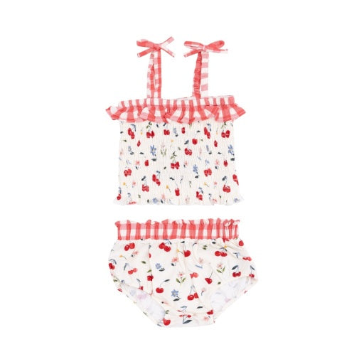 Watercolor Cherries +   Gingham Smocked Ruffle Top And Bloomer