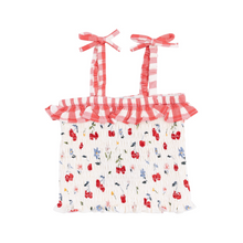 Load image into Gallery viewer, Watercolor Cherries +   Gingham Smocked Ruffle Top And Bloomer
